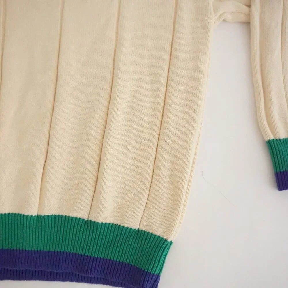 Gant Cream Cotton Ribbed Knit Sweater Green Trim Preppy Collegiate Old Money L - Picture 5 of 9
